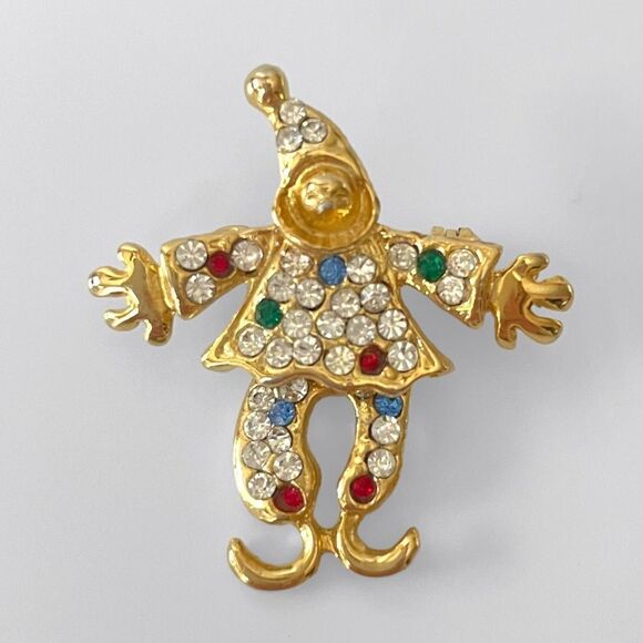 Gold Rhinestone Jester Clown Brooch Pin - Picture 2 of 3